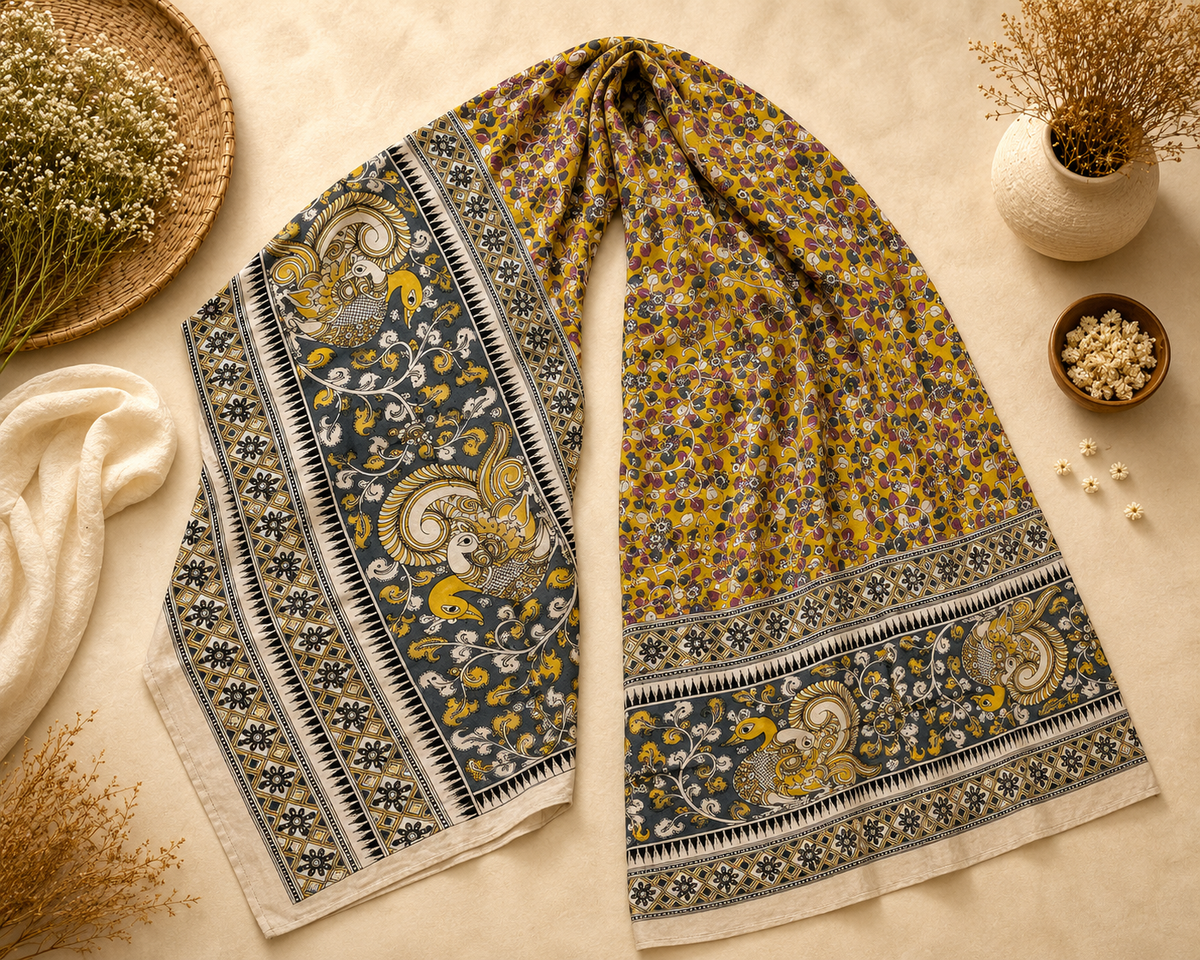 Yellow floral print Silk Duppatta