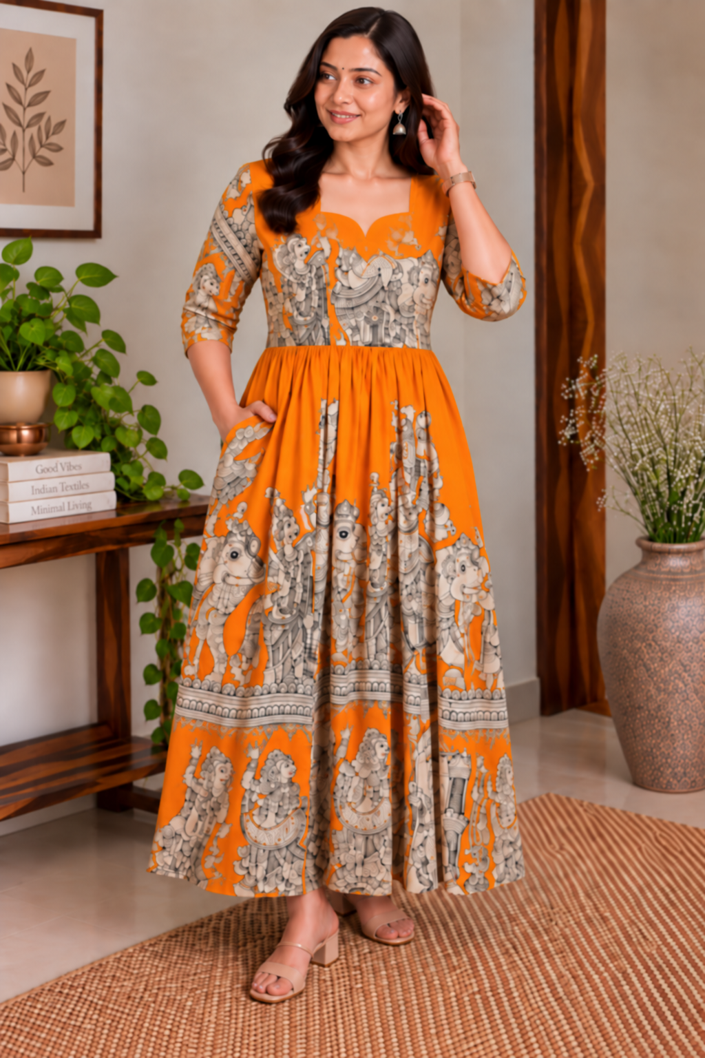 Yellow Devi Motif Print Kalamkari frock
