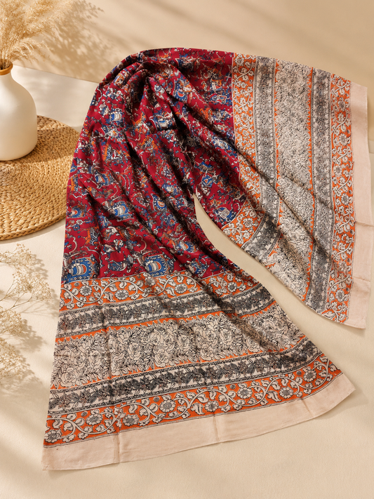 Red Blue people motif Silk duppatta