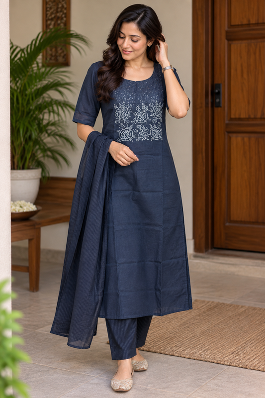Chanderi Floral neck 3 piece Set