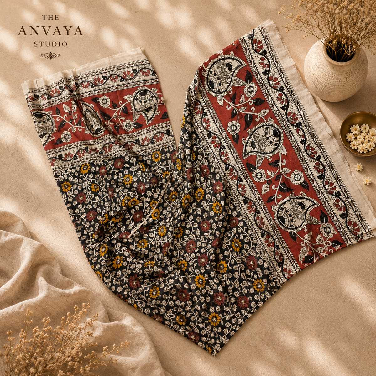 Black and Red Floral Print  CottonDuppatta