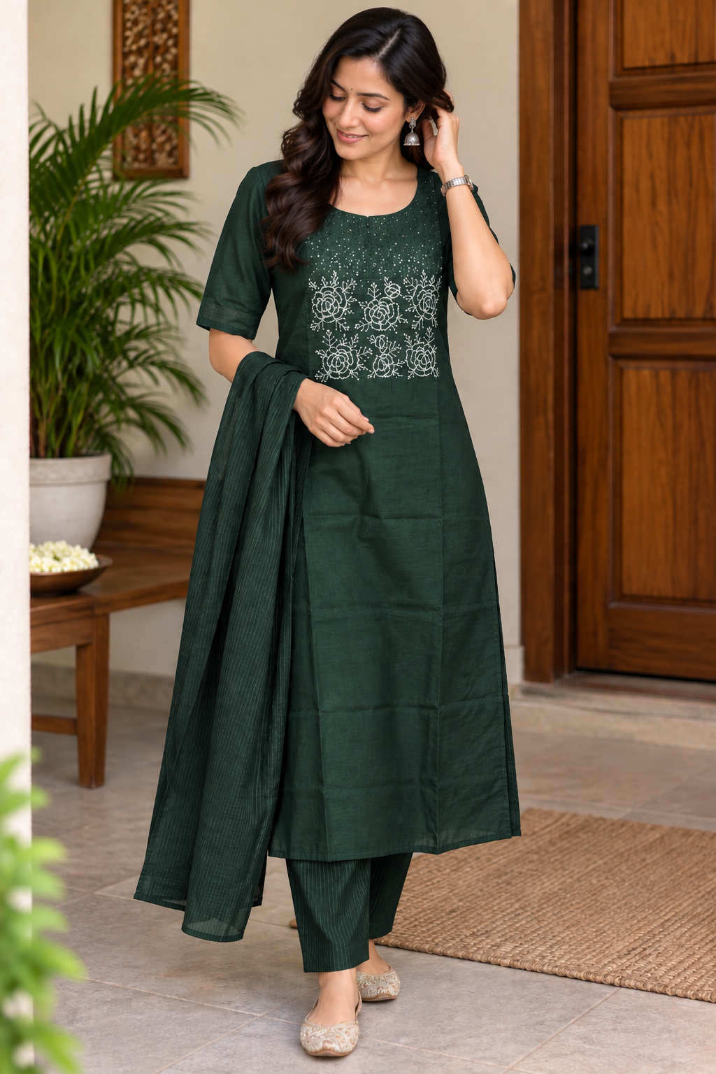 Chanderi Floral neck 3 piece Set