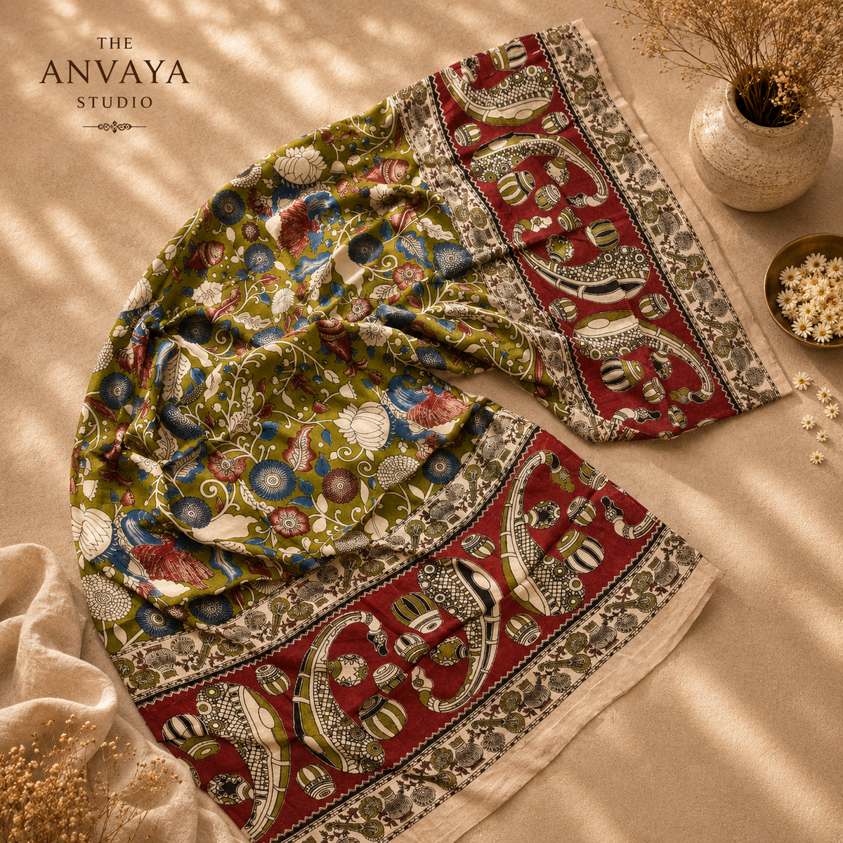 Olive Green and Brown Floral print Cotton duppatta