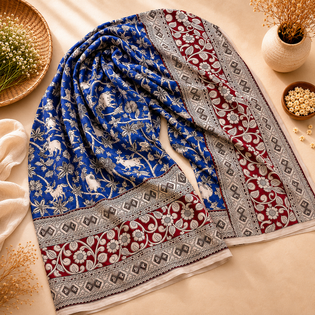 Blue Animal Motif Silk Duppatta