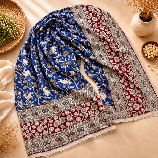 Blue Animal Motif Silk Duppatta
