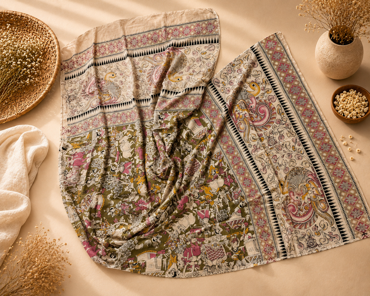 Olive Green Village Motif Silk Duppatta