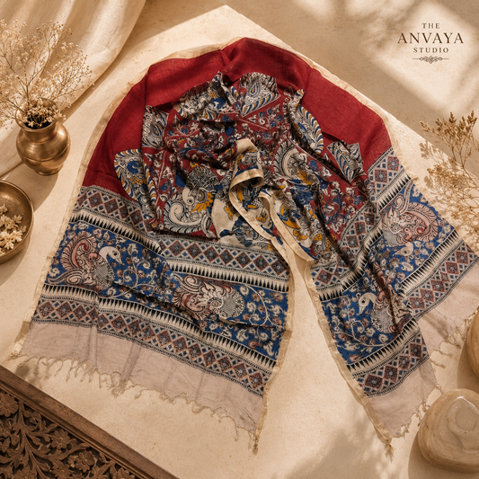 Red Swan Motif cotton tussel Duppatta