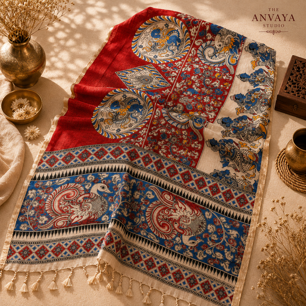 Red Swan Motif cotton tussel Duppatta