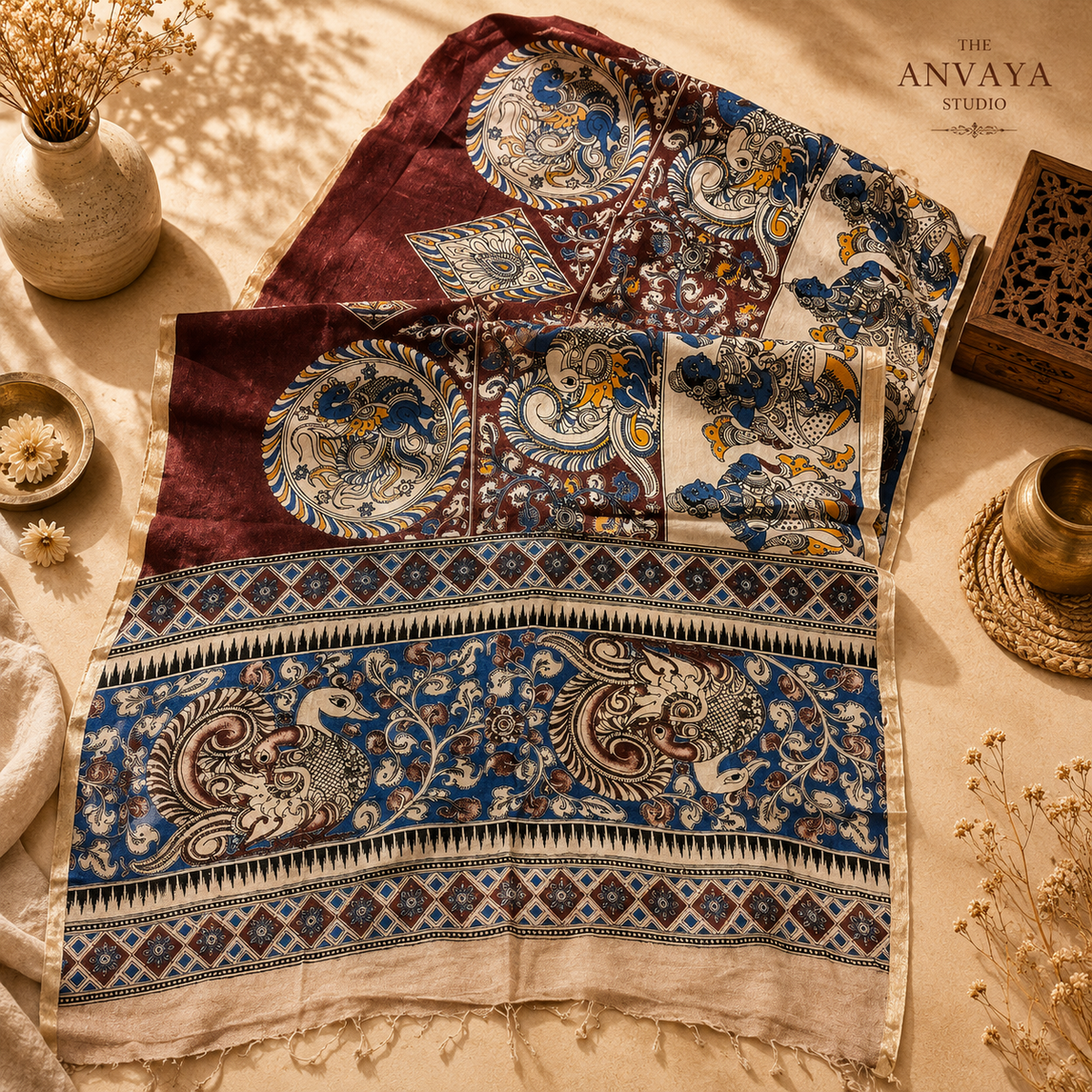 Red Swan Motif cotton tussel Duppatta
