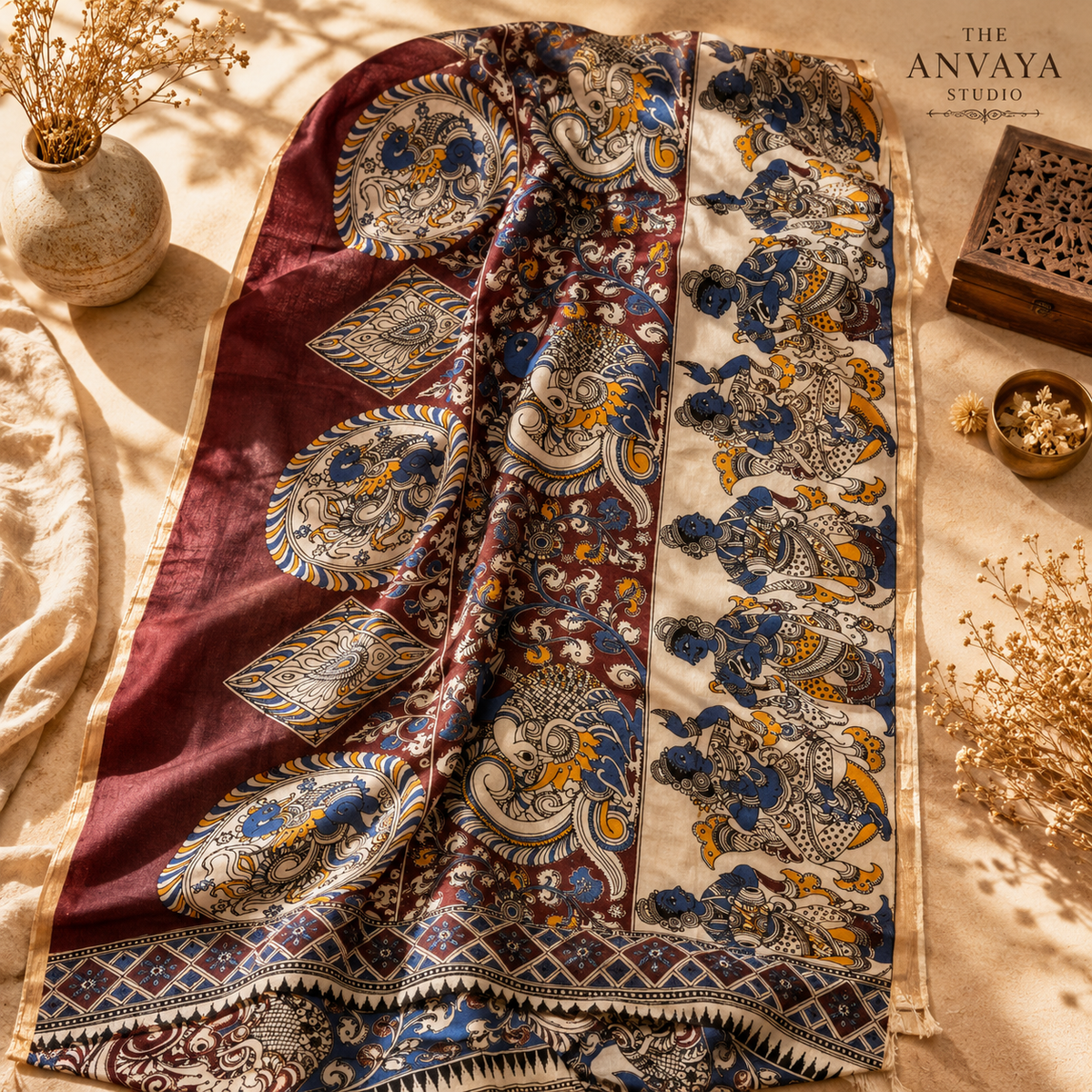 Red Swan Motif cotton tussel Duppatta