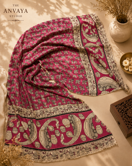 Pink Elephant Motif Print Silk Duppatta