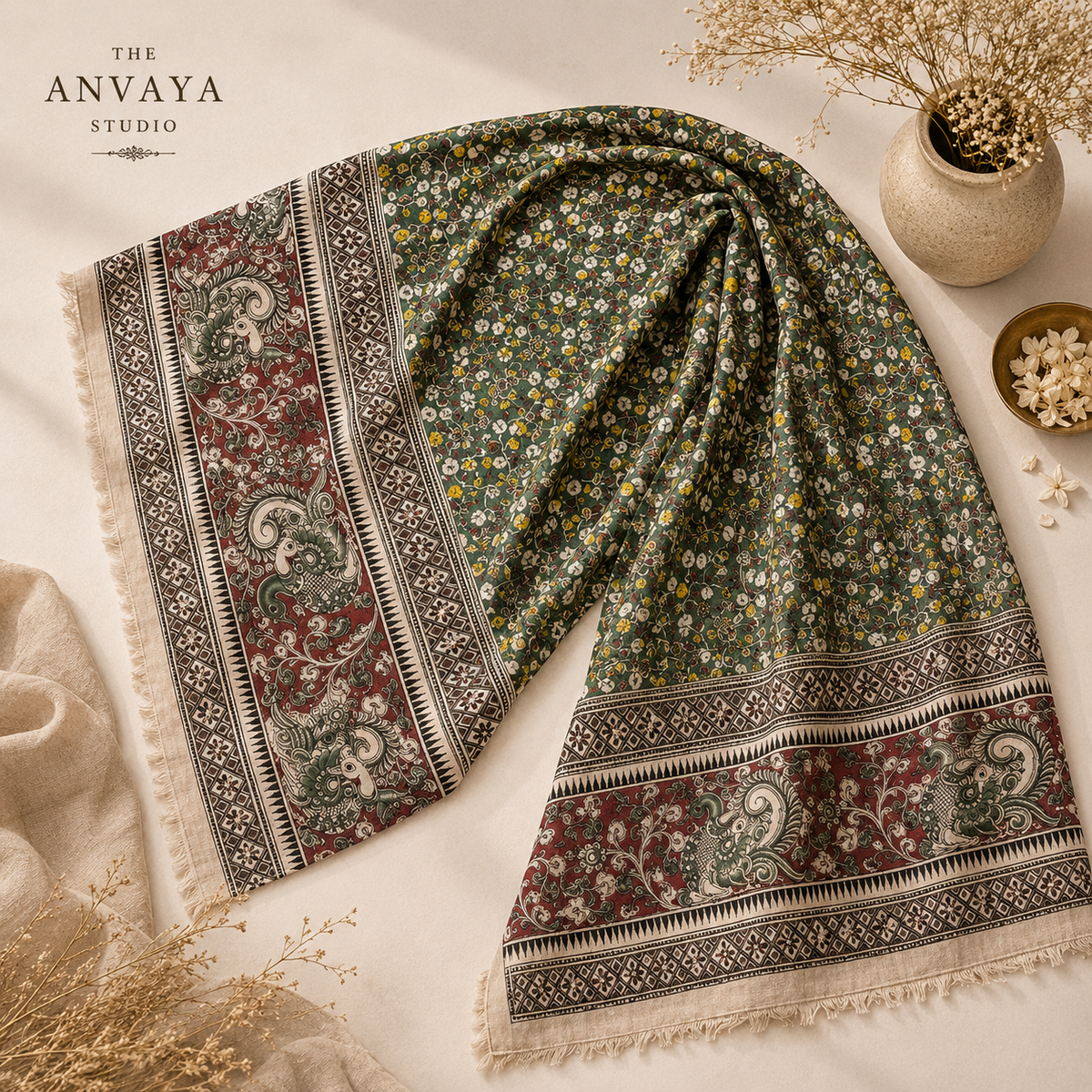 Green Floral Print Silk Duppatta
