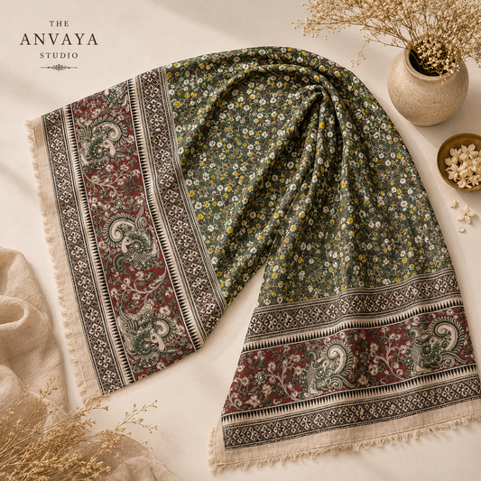 Green Floral Print Silk Duppatta