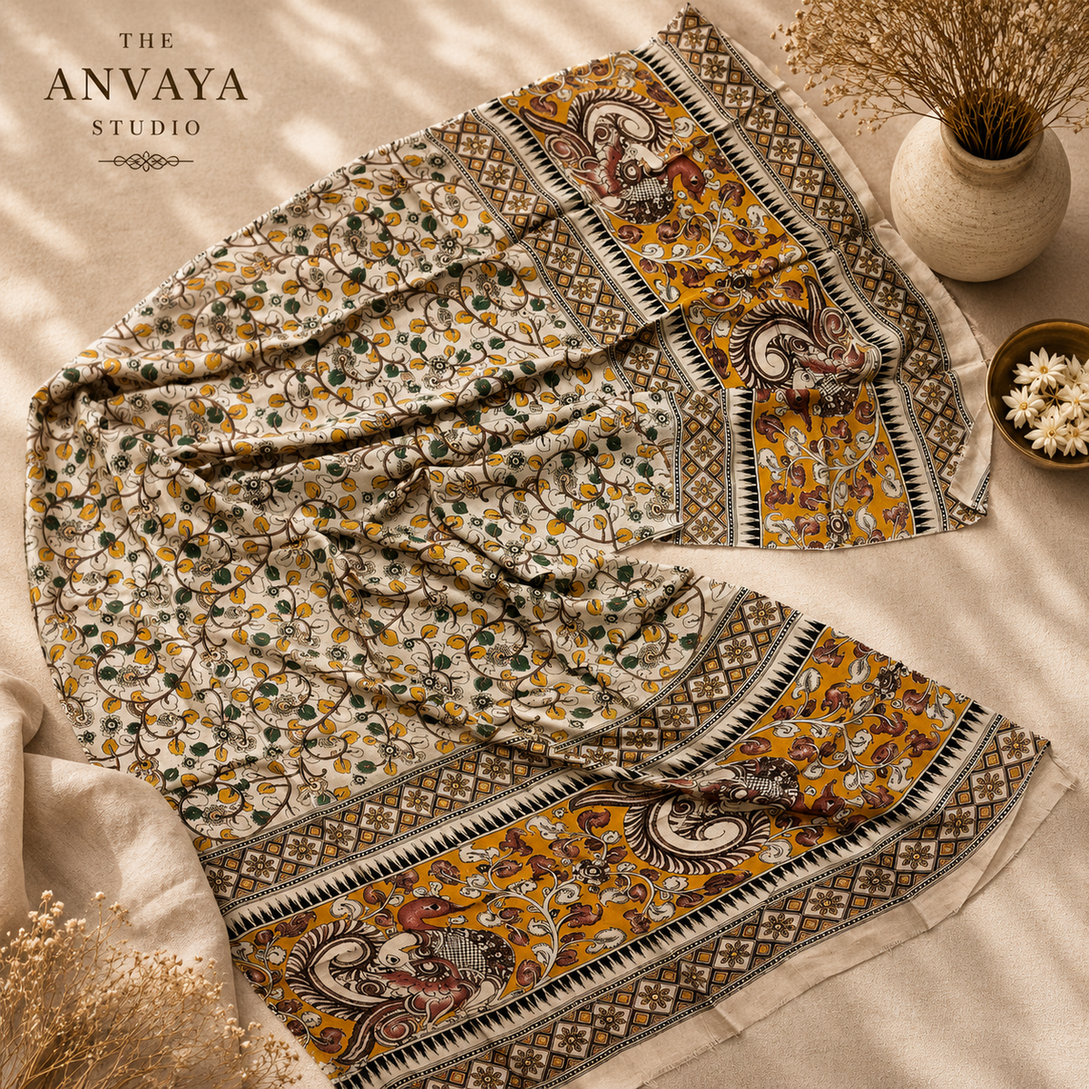 Cream and Yellow Floral Print Silk Duppatta