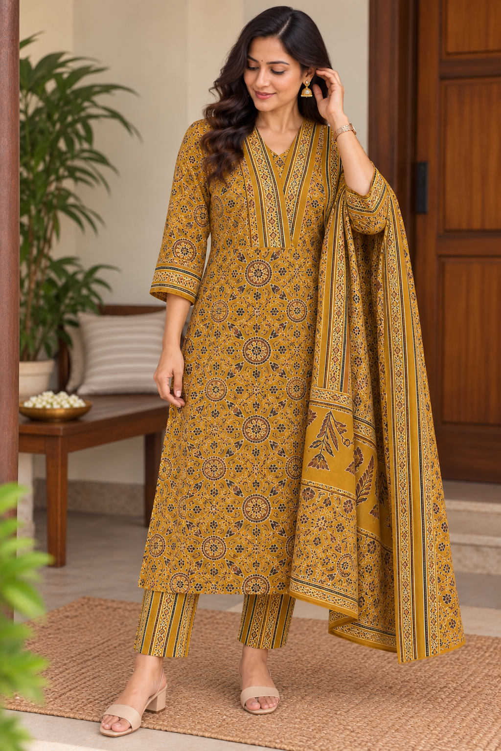 Ajrak Print Cotton Three piece Kurti Set