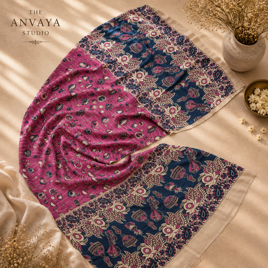 Pink And Blue floral Print Silk duppatta