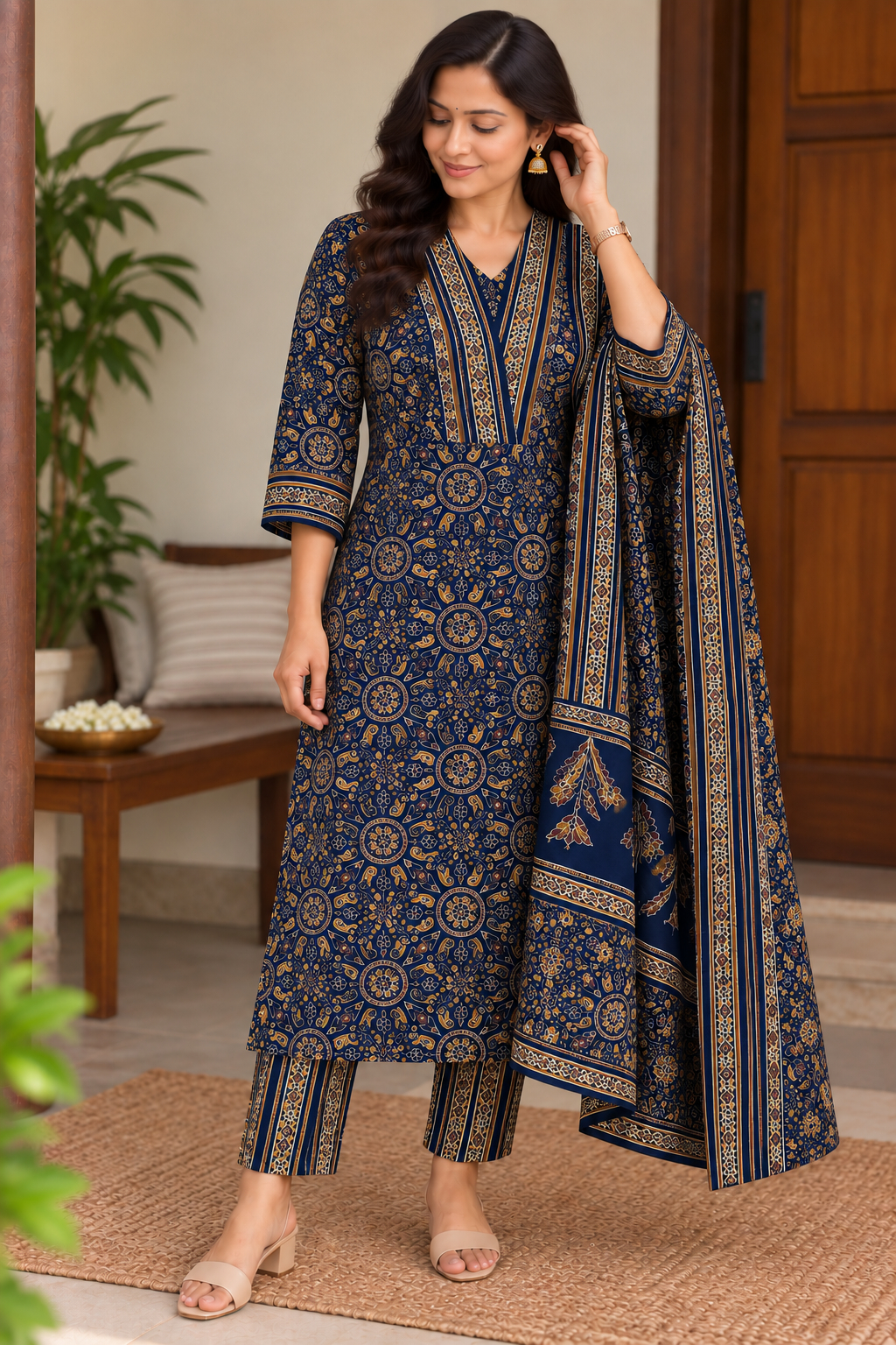 Ajrak Print Cotton Three piece Kurti Set