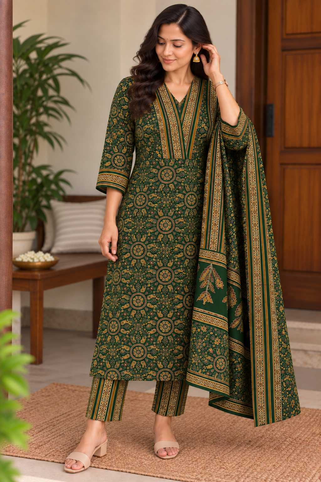 Ajrak Print Cotton Three piece Kurti Set