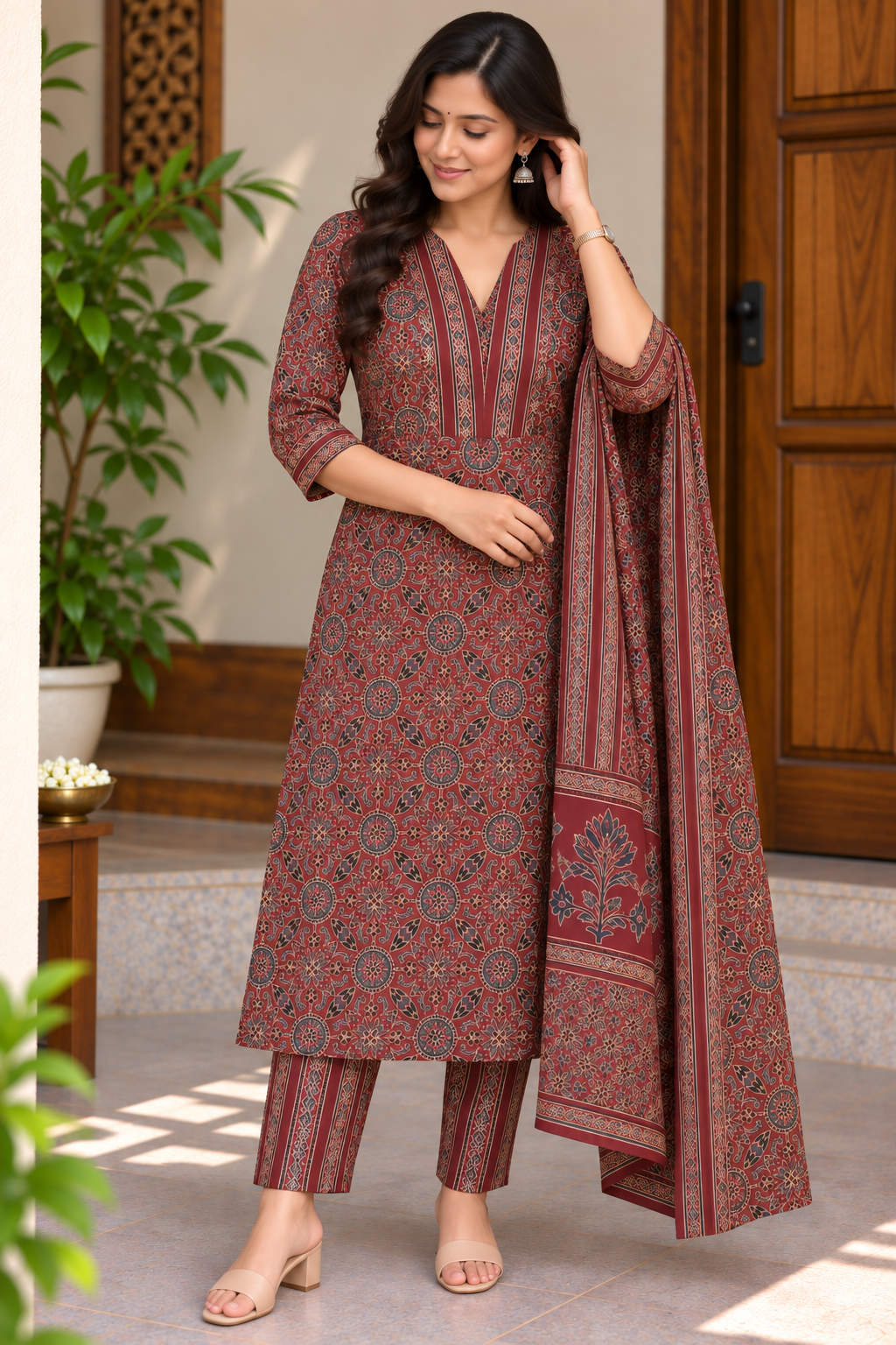 Ajrak Print Cotton Three piece Kurti Set