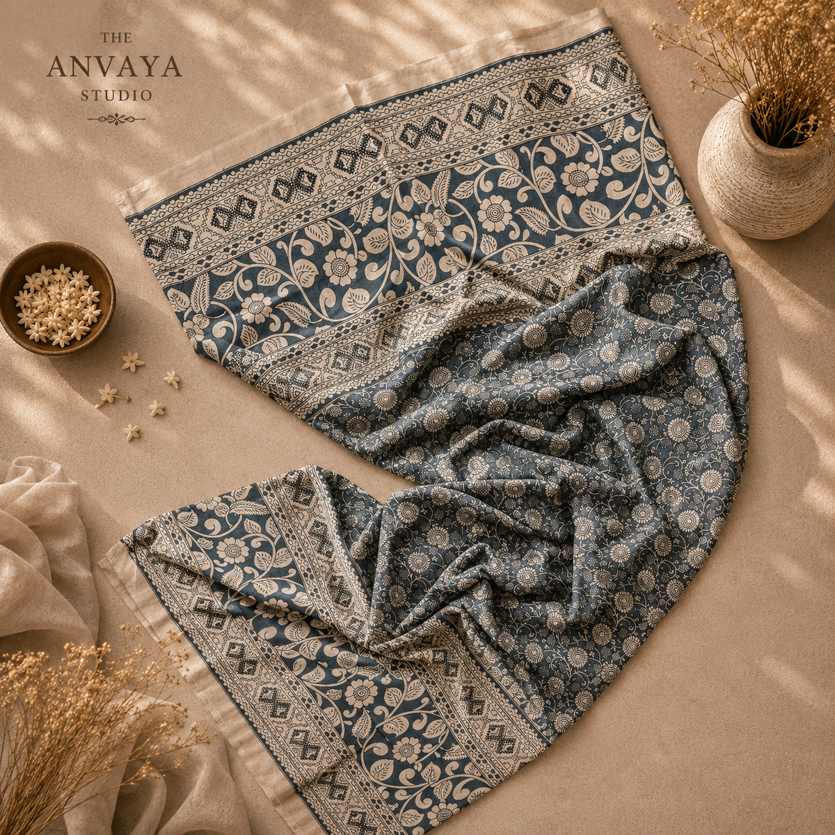 Grey floral print Cotton Duppatta