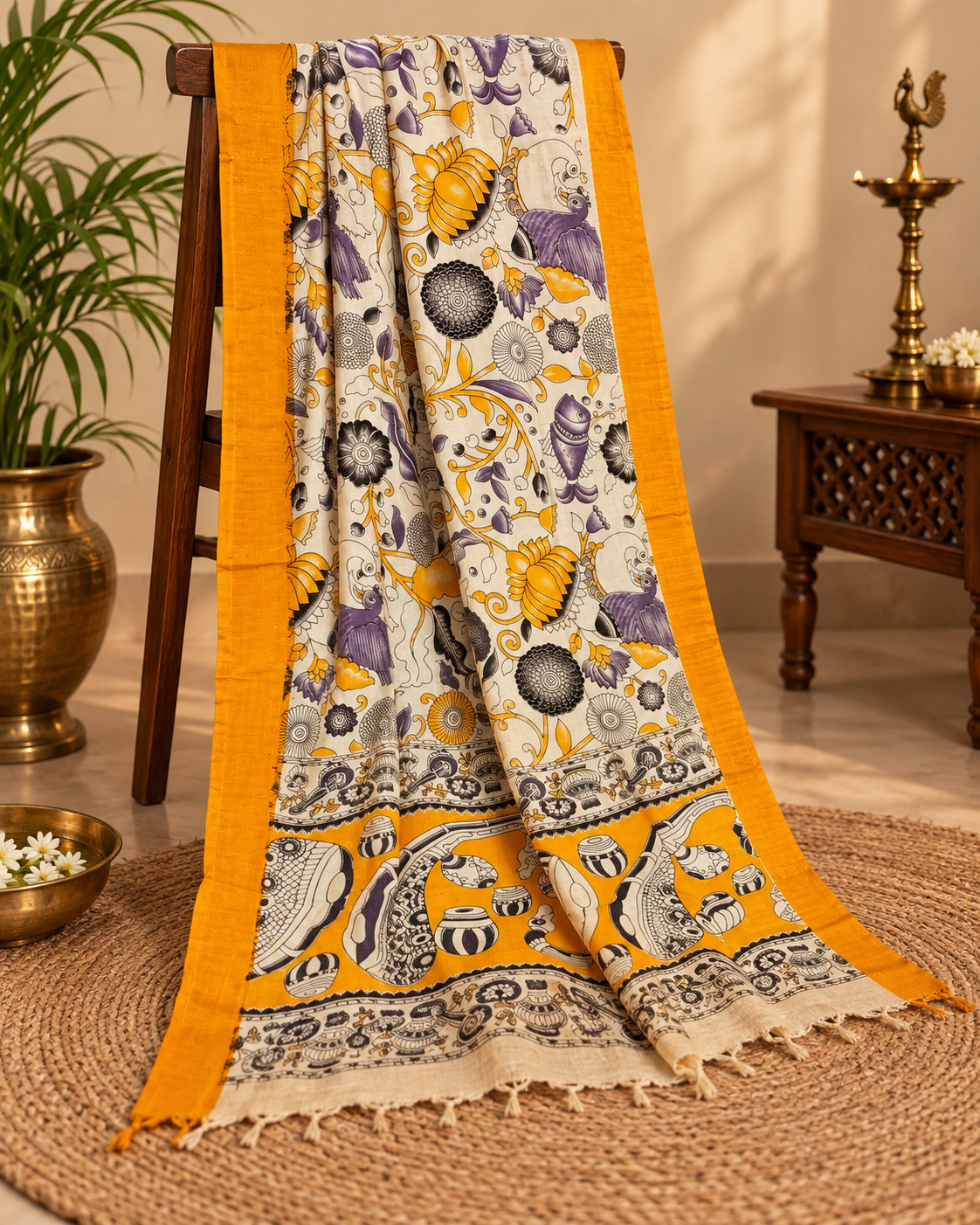 Floral yellow border chennuri silk duppatta