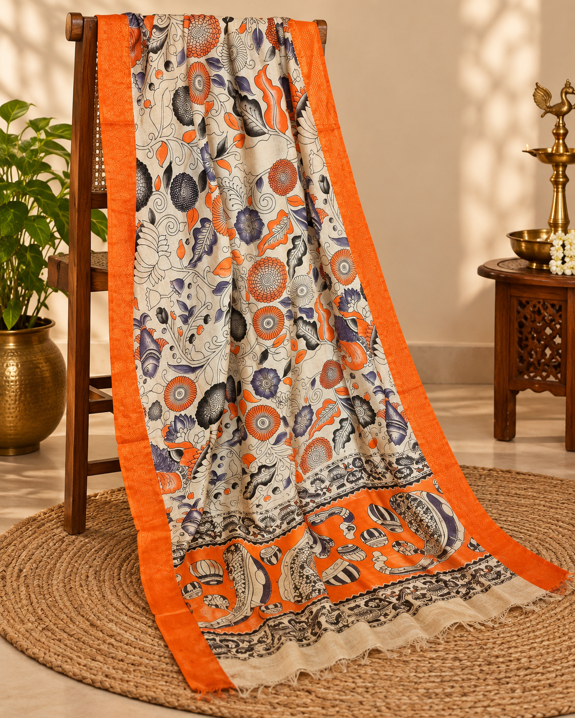 Floral print Orange border chennuri duppatta