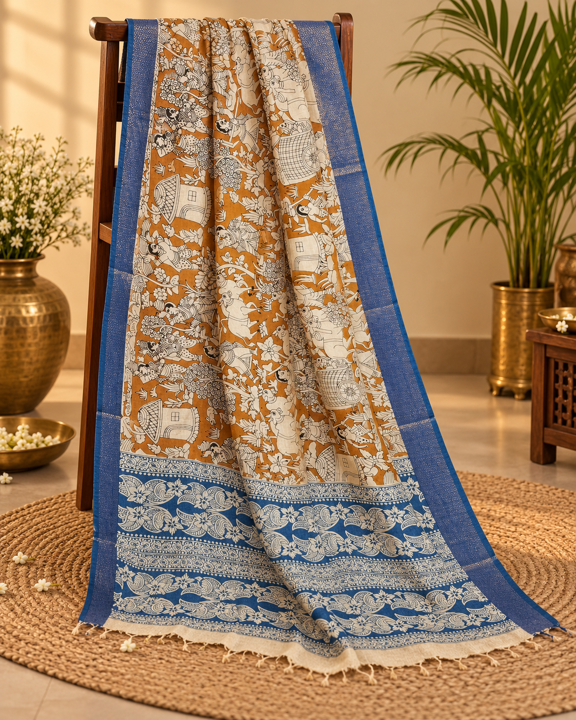 Mustard and Blue Chennuri silk dupatta