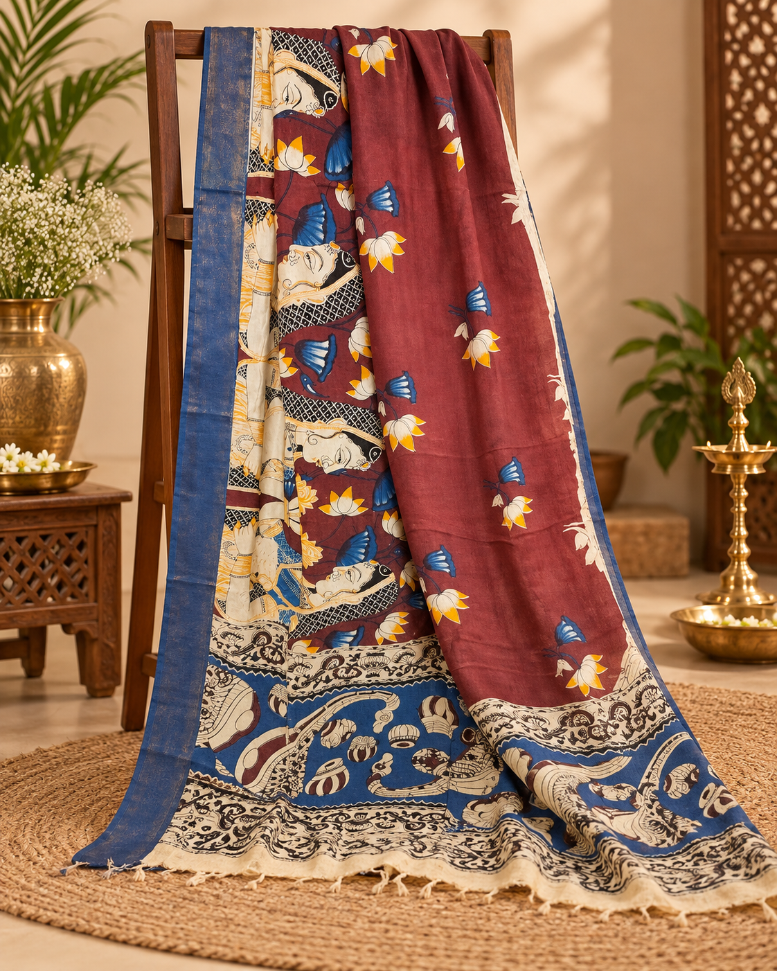 Maroon and Blue Chenuri Silk Dupatta