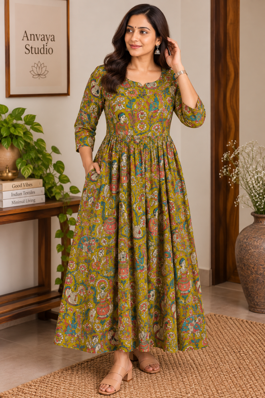 Olive green village print frock