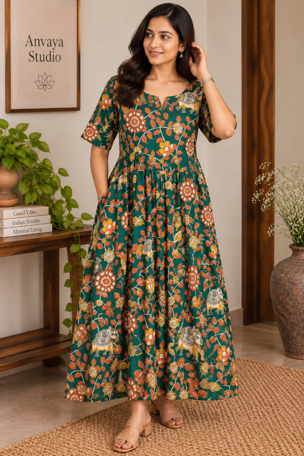 Green and Orange floral print frock
