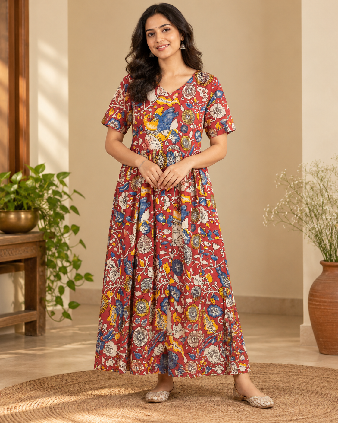 Red and blue floral print frock