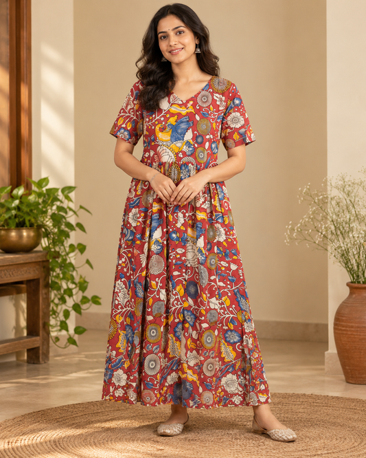 Red and blue floral print frock