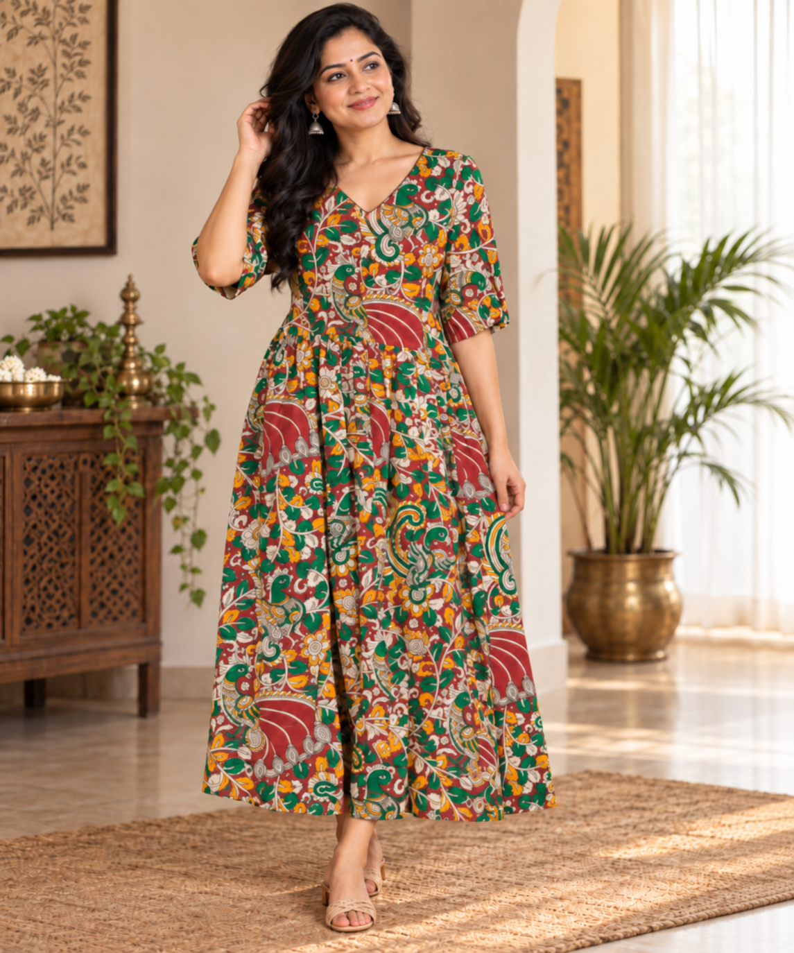 Green and Red floral design frock