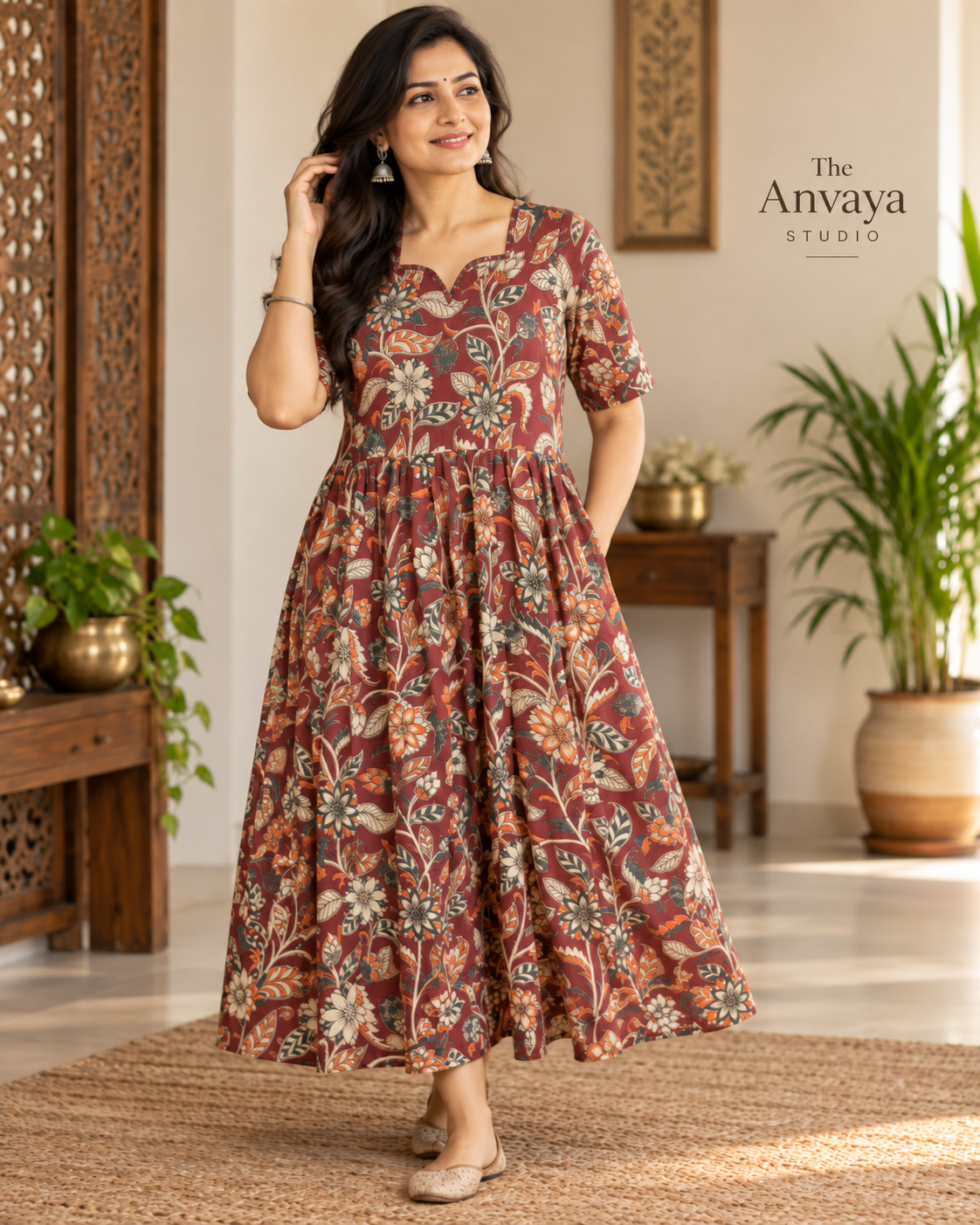 Maroon floral print frock